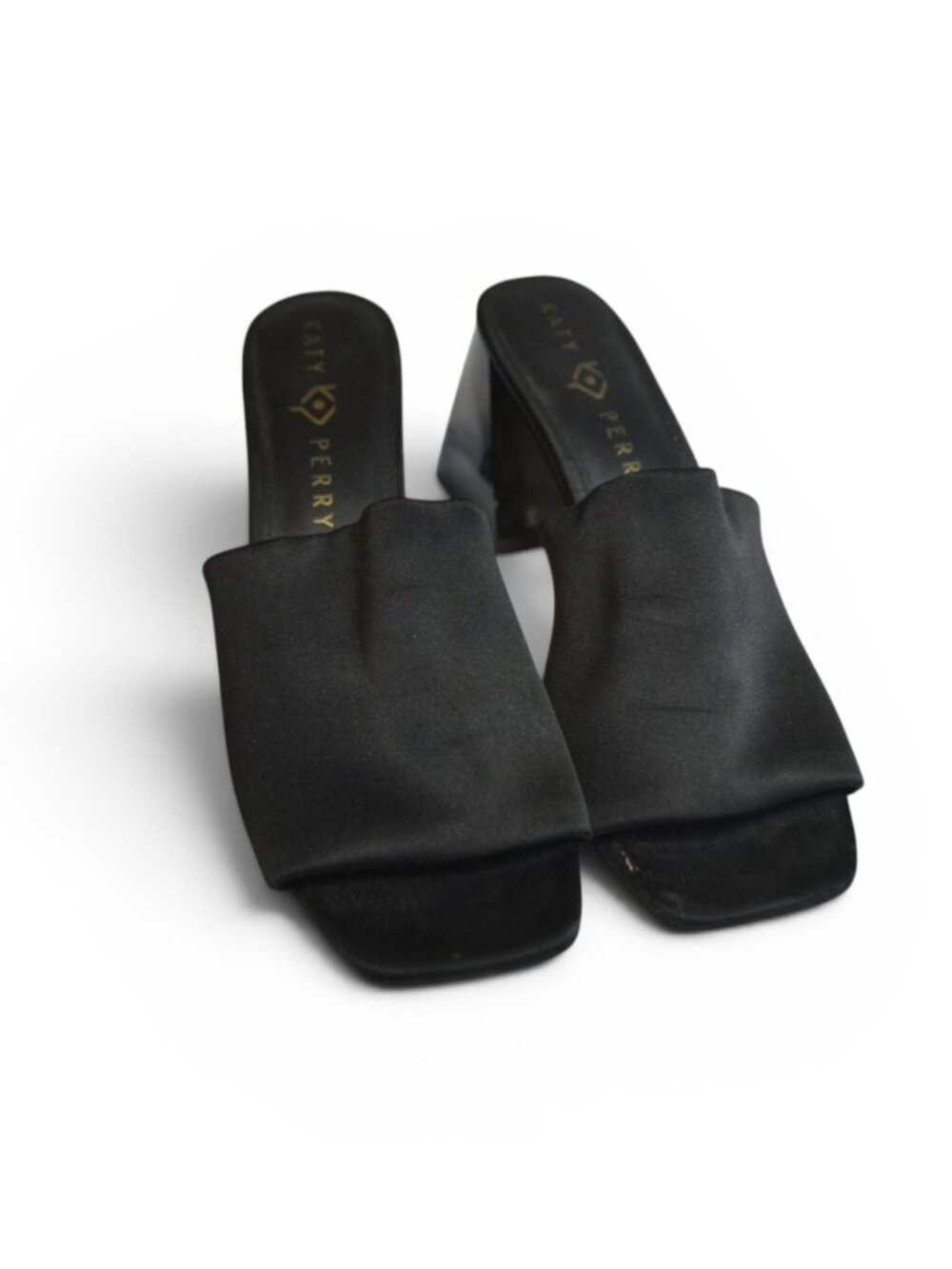 Katy Perry The Bettie Black Satin Mule Heels Women’s Size 9M Square Toe Slides